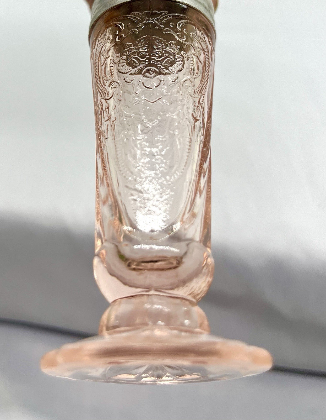 Vintage Pink Depression Glass Footed Salt Pepper Shaker Floral Panel Metal Lid