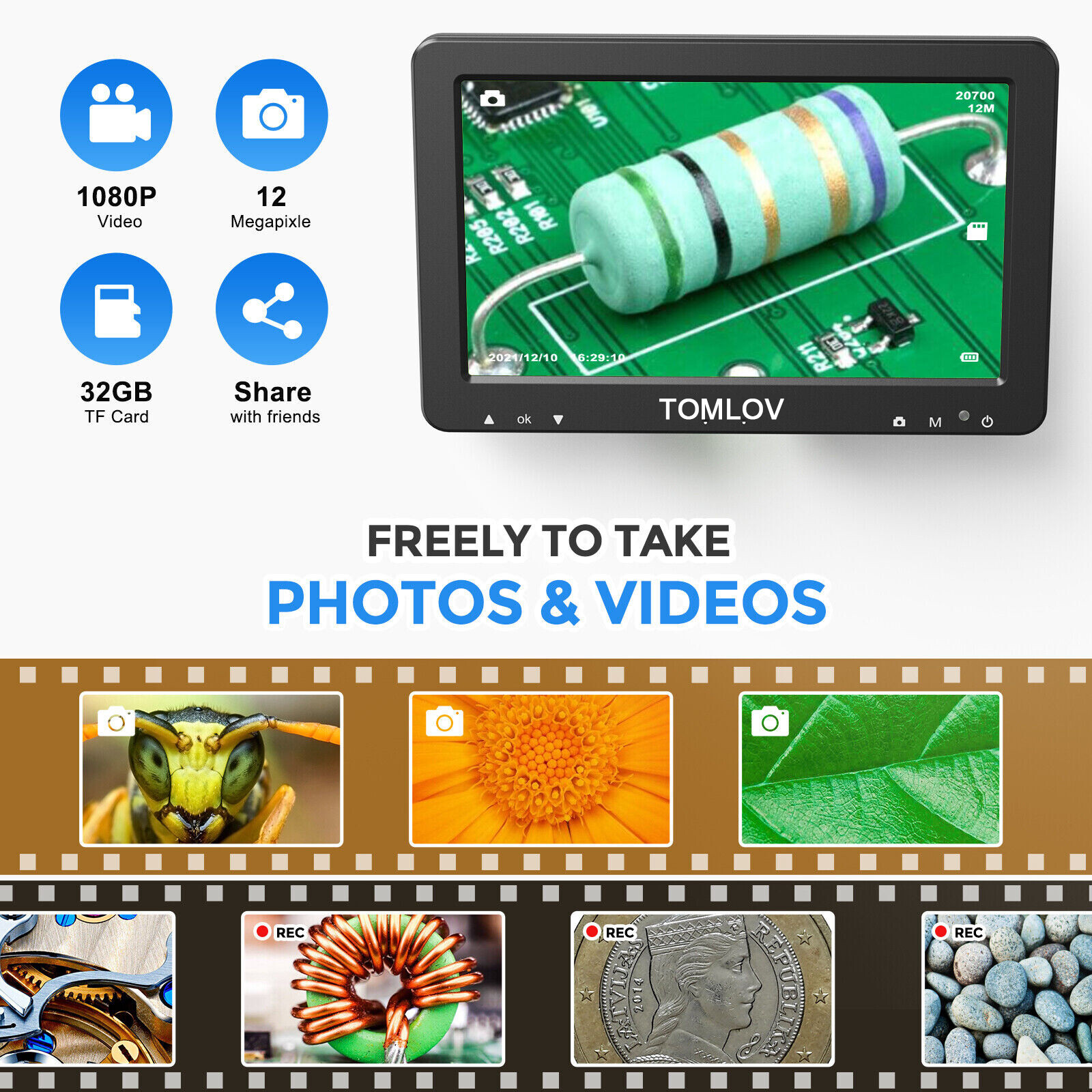 TOMLOV Digital Magnifier 1200X 7'' Coin Microscope camera Soldering Microscope