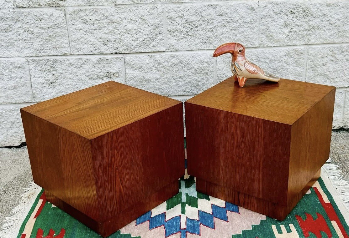 2 Available Walnut Mid Century Modern Cube Shape Side End Tables Plinth Base