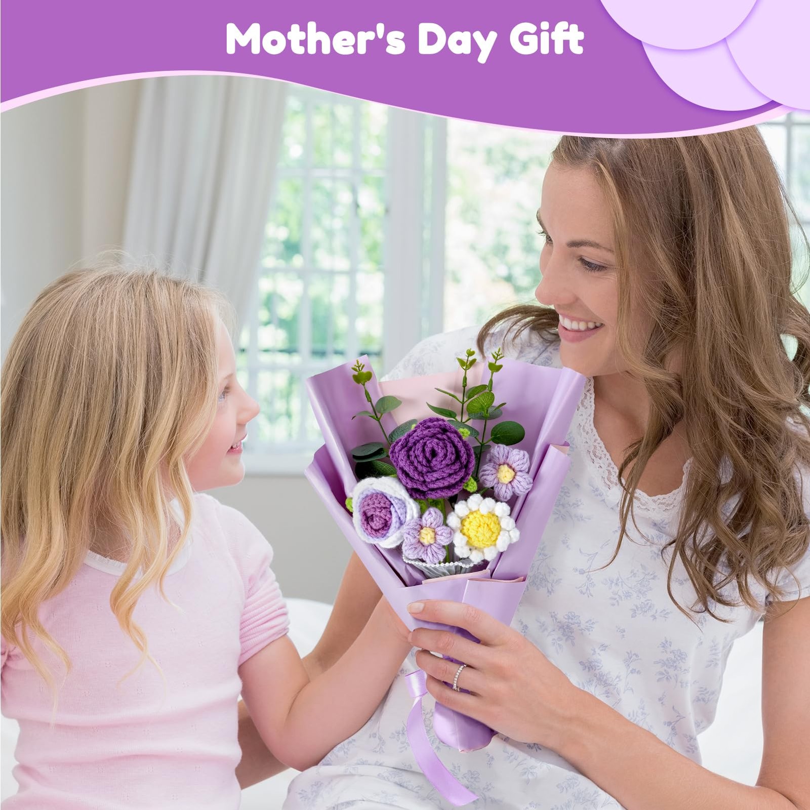 Omldggr Crochet Flowers Bouquet, Knitted 14 x 7.8 x 2.4 inches, Purple-rose