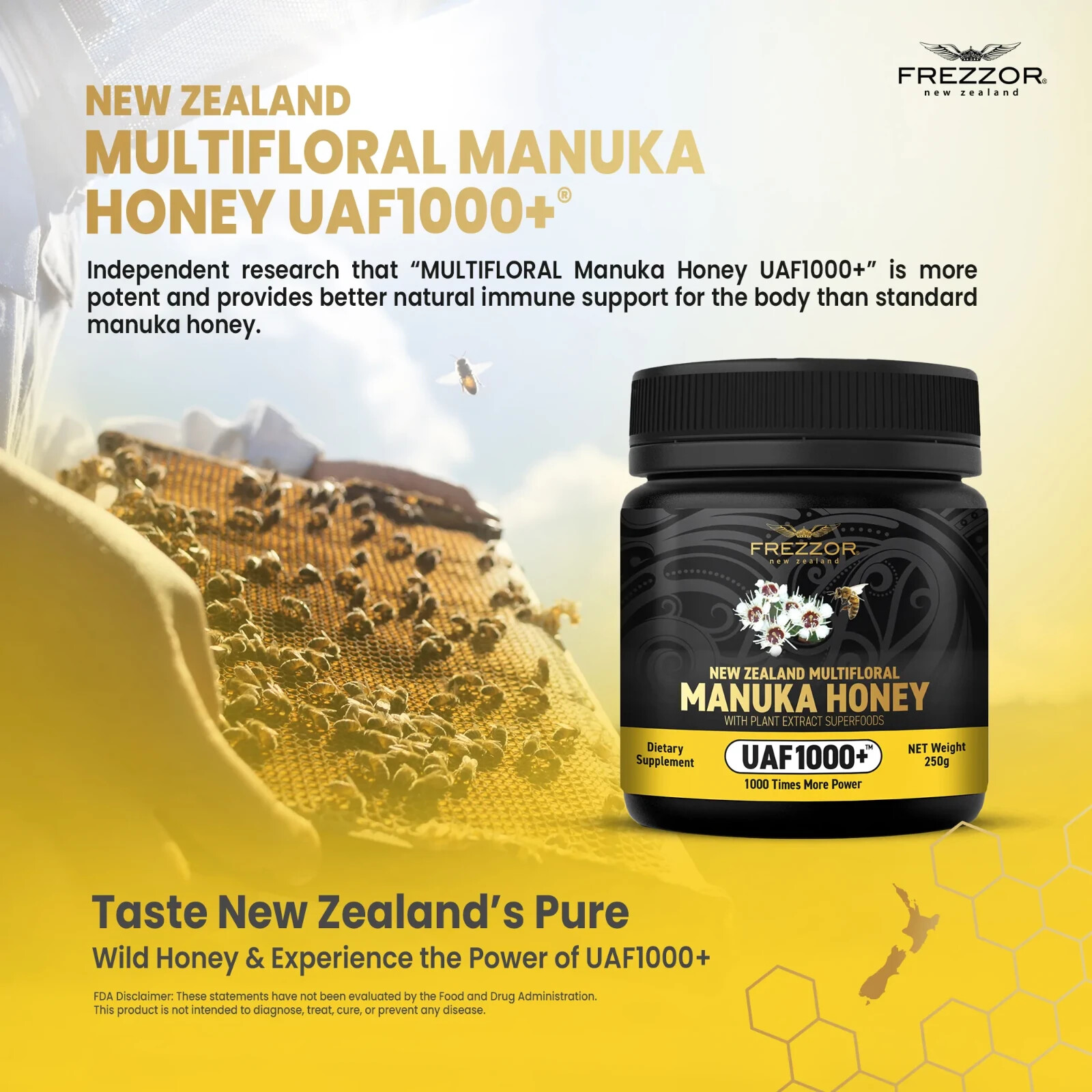FREZZOR NEW ZEALAND MULTIFLORAL MANUKA HONEY UAF1000+, Cold & Flu Symptom Relief