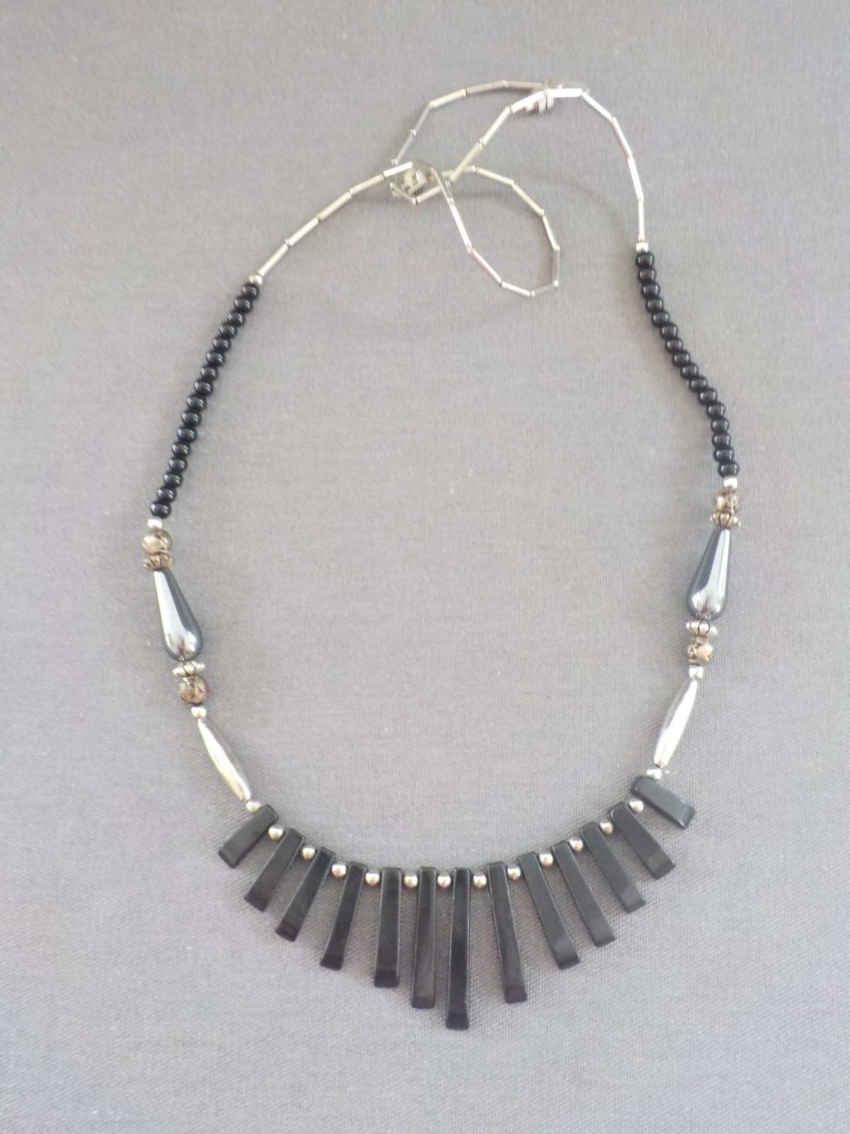 Vintage Spikey Black & Shell Necklace Silver Tone Metal Single & Double Strand