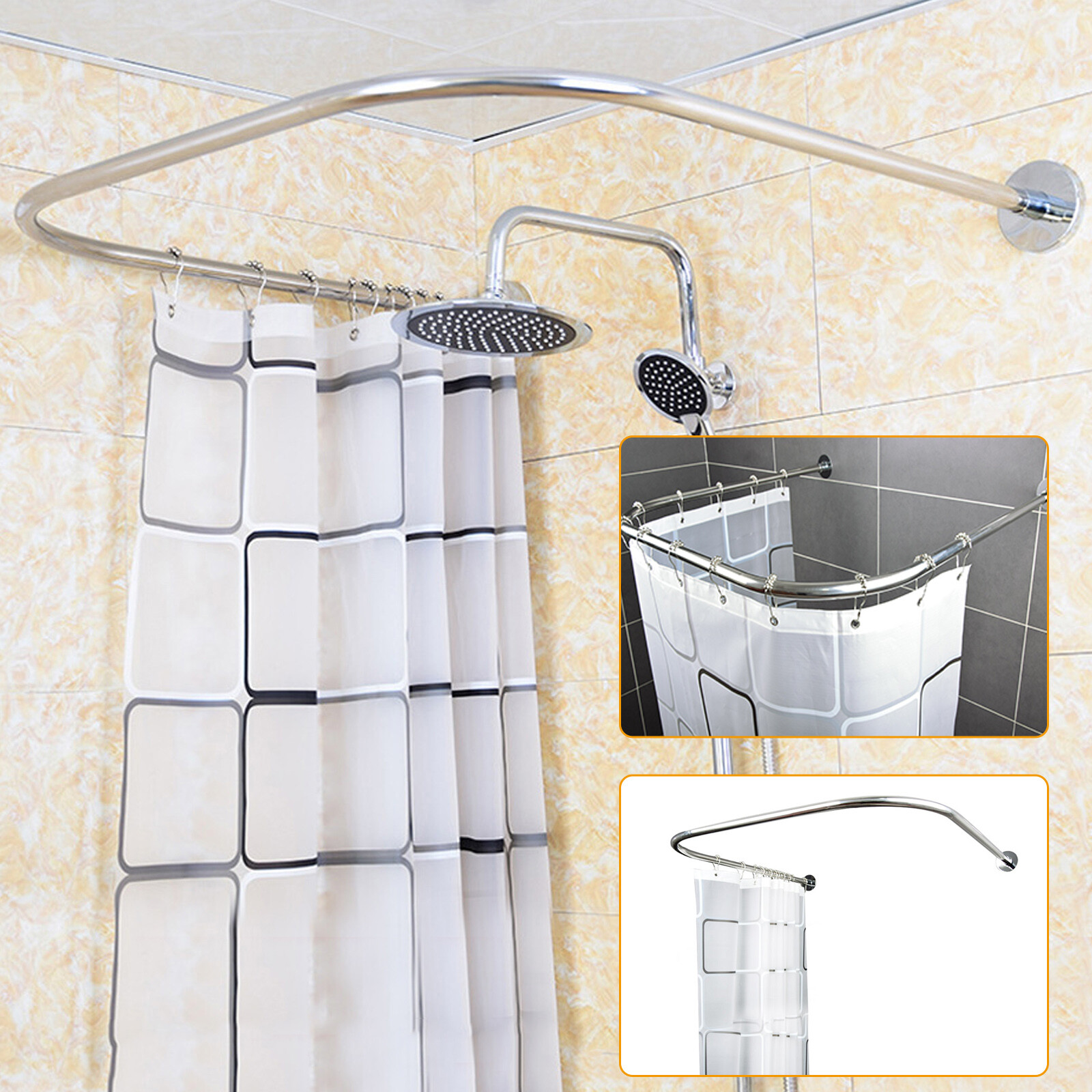 Stainless Steel Shower Curtain Rod 80-130 Cm with 9.8ft*6.6ft Curtain