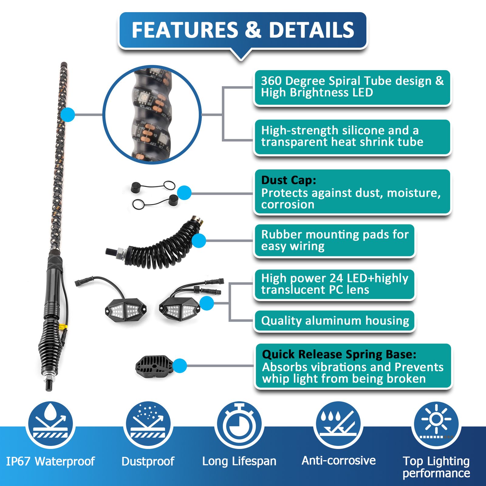 Pair 4FT Spiral RGB LED Lighted Whip Lights + 8 Pods Rock Light For ATV UTV RZR