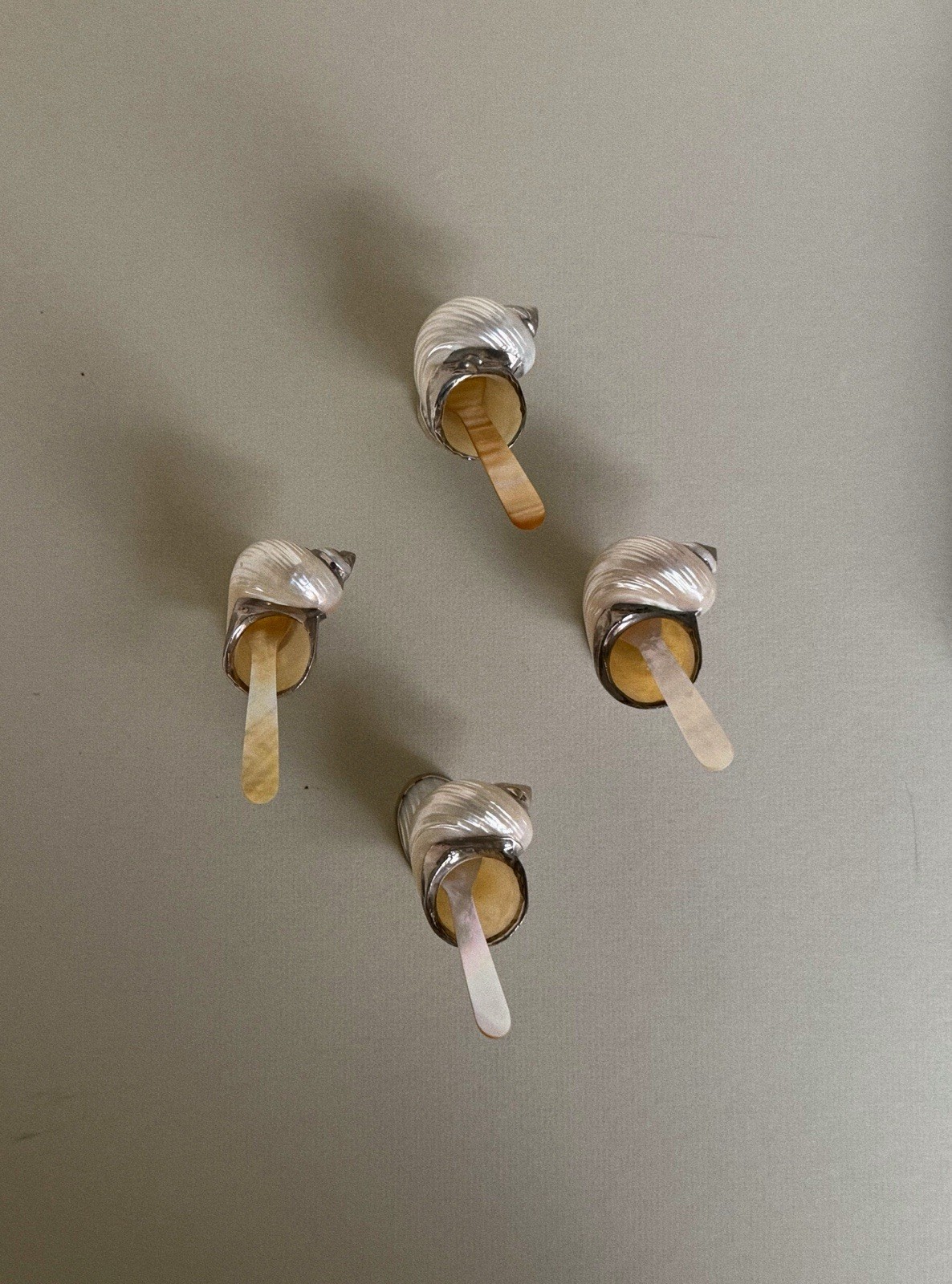 Set of 4 Antique Shell Open Salts with Mother of Pearl Spoons, Sterling Silver