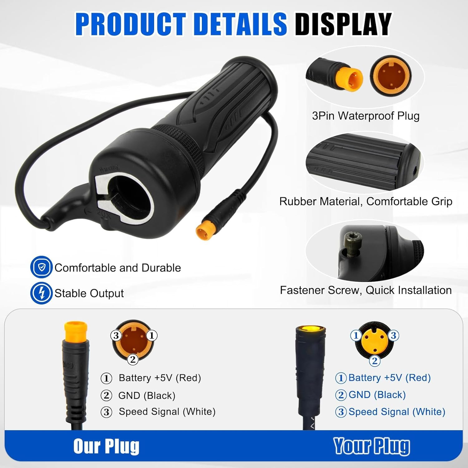 Full Twist Throttle Ebike, 12V-72V 3 Pin Full Twist Throttle for 22.2Mm Handleba