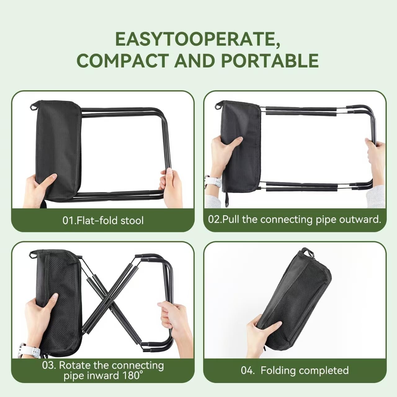 Portable folding stool with dual storage pockets and side pockets Compact adu...