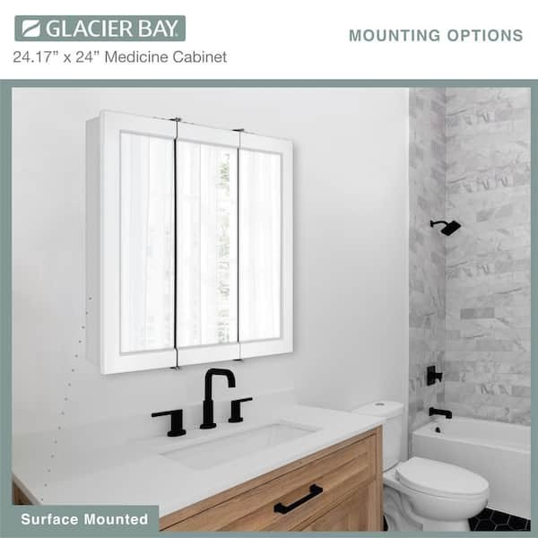 Glacier Bay 24 in. Tri-View Bathroom Medicine Cabinet Mirror White Surface Mount