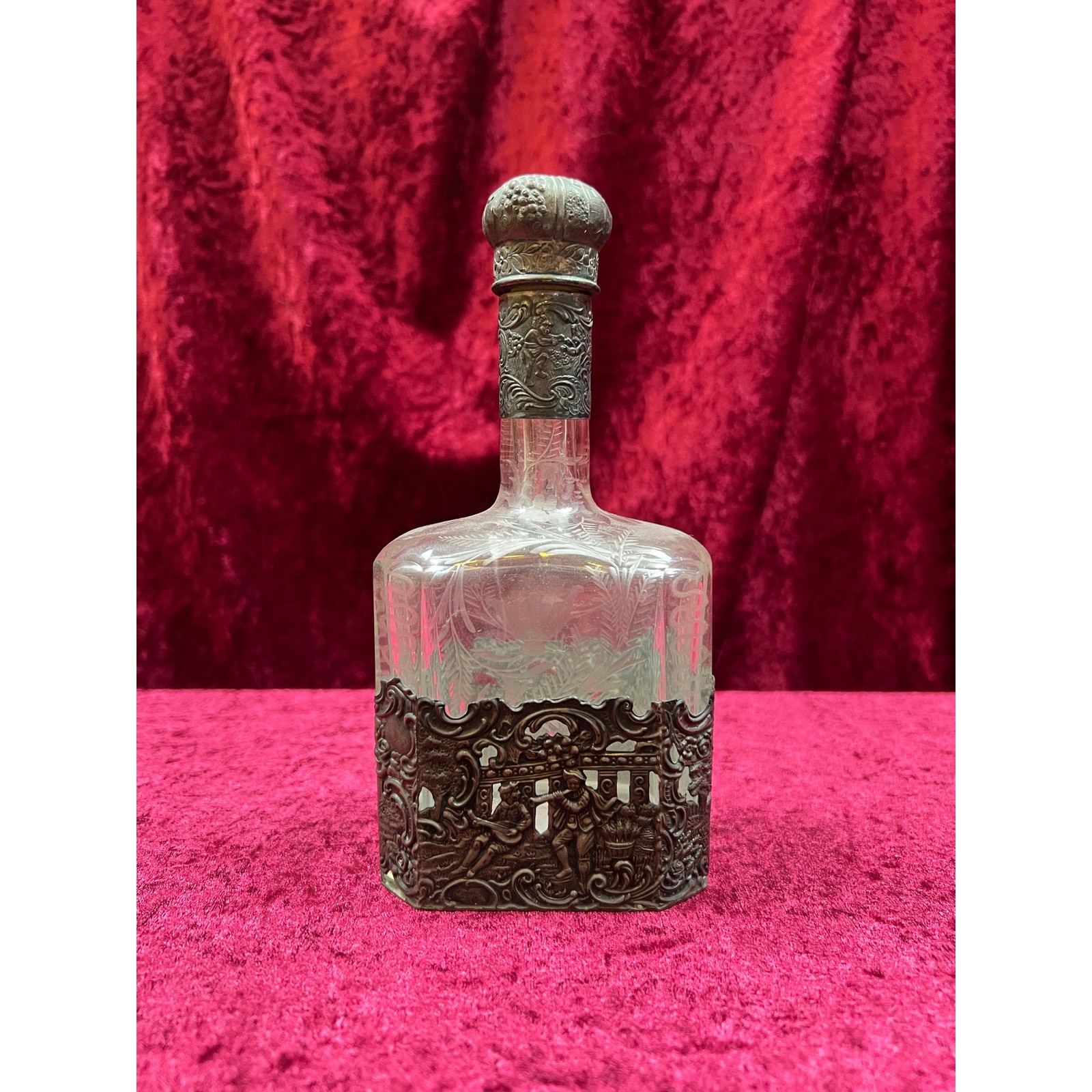 Antique Barware 18th Century Etched Glass Decanter Silver Repousse Germany