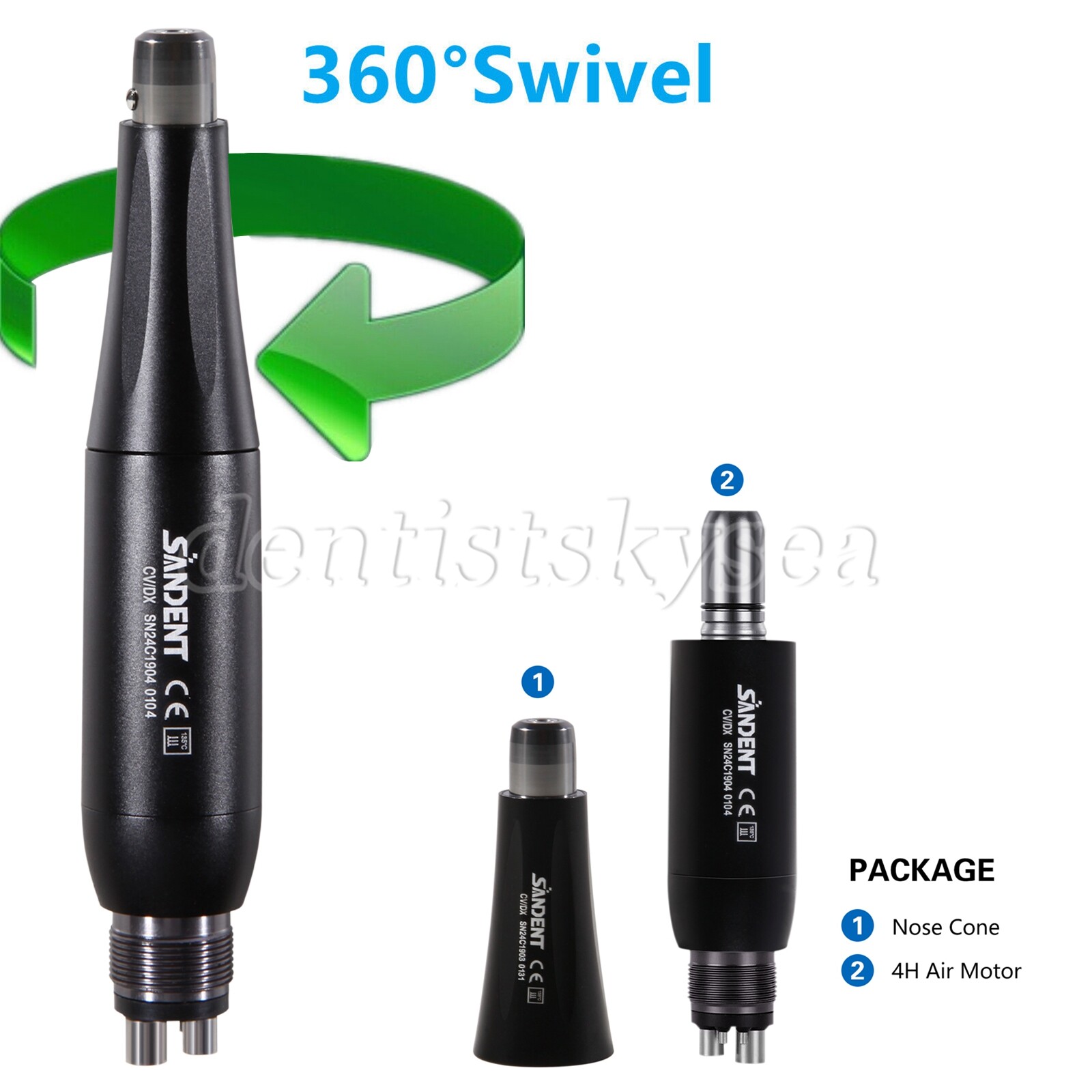 360° Swivel Dental Hygiene Prophy Handpiece Air Motor 4 Holes W/ 4:1 Nose Cone S