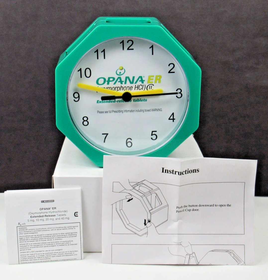 OPANA Lot Clock Pens Magnets Floating Pills Note Holder Drug Rep Pharmaceutical