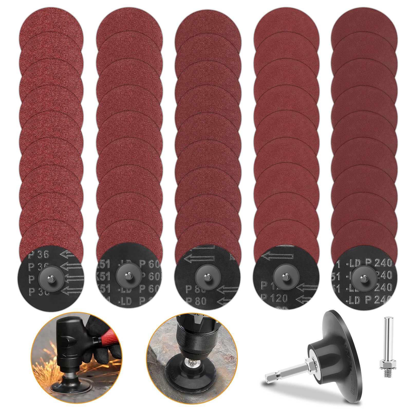 53x 3" Sanding Disc Roll Lock Quick Change Disc 36/60/80/120/240 Grit 1/4" Shank