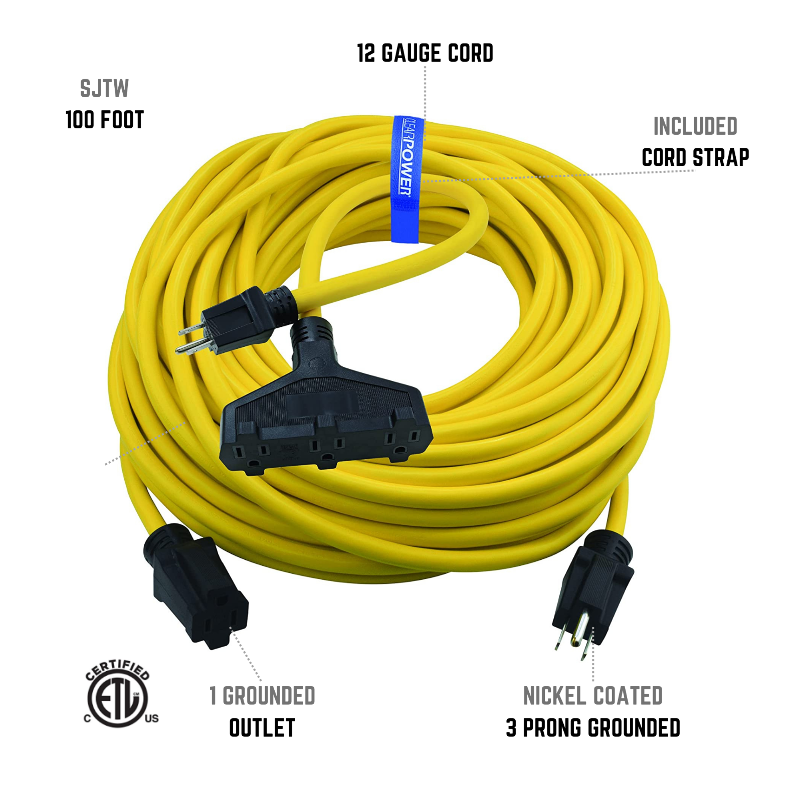 CP 100 ft 12/3 SJTW Heavy Duty Extension Cord & 2 ft 3-Outlet Adapter, CPCO90003