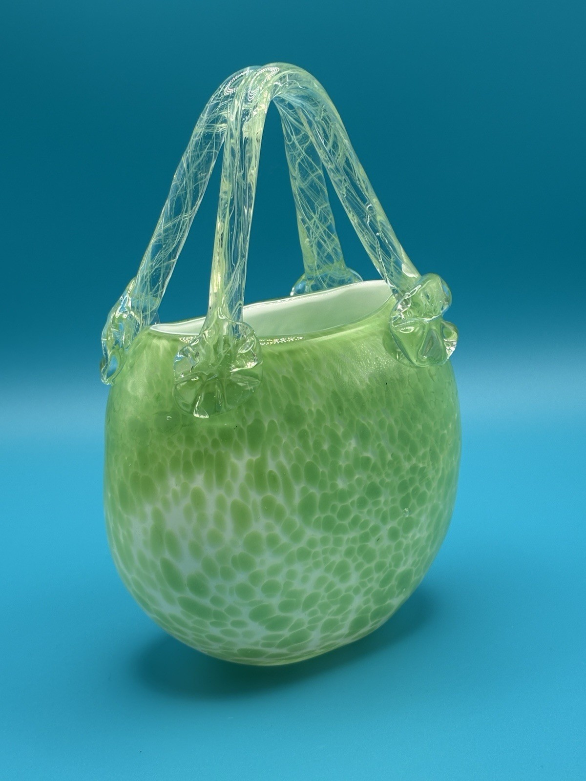 Vintage Hand Blown Art Glass Basket Green Controlled Bubble Murano Style Vase
