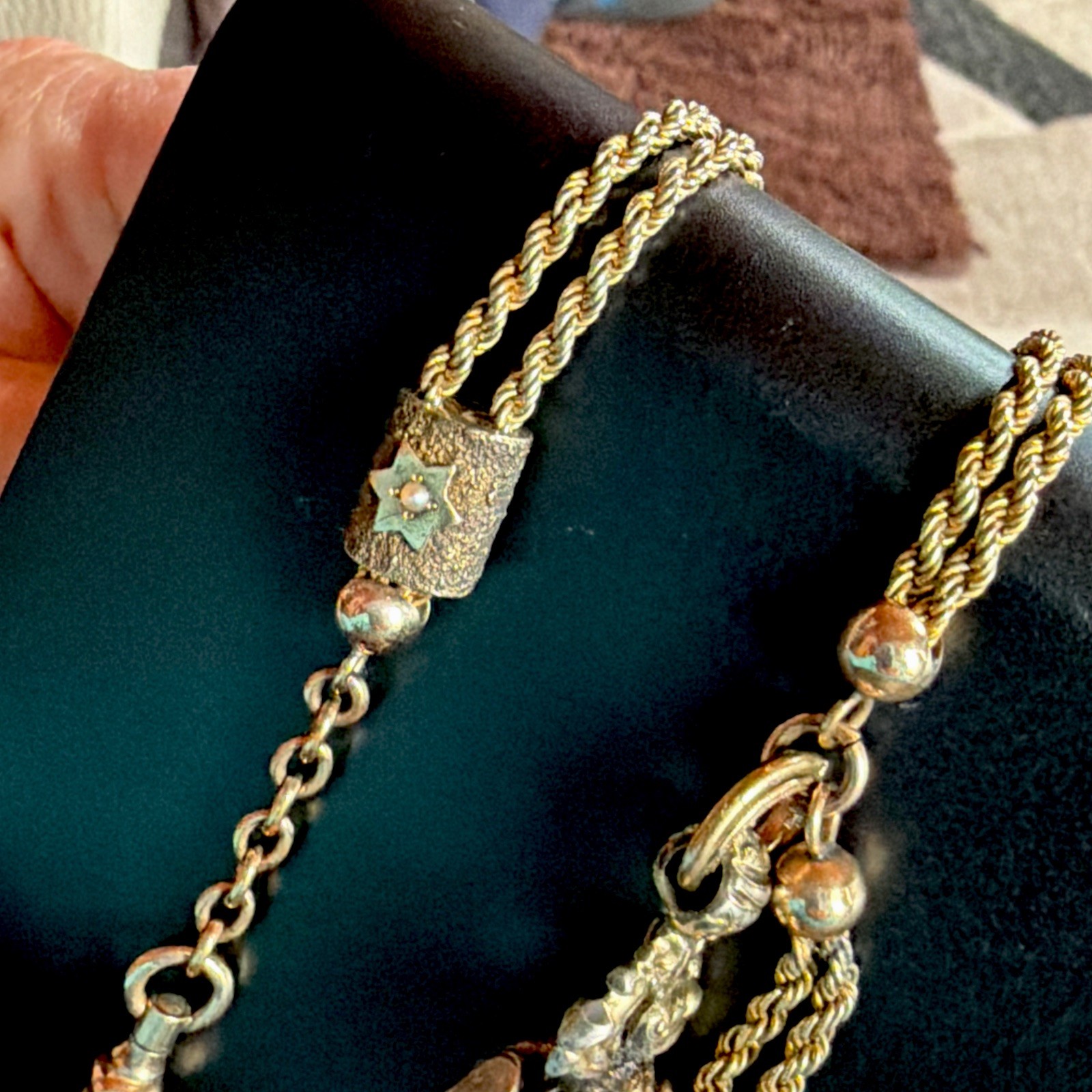 Victorian RFS Gold Tone Rope Link Watch Slider Chain Old Carnelian Fob 14k Tbar