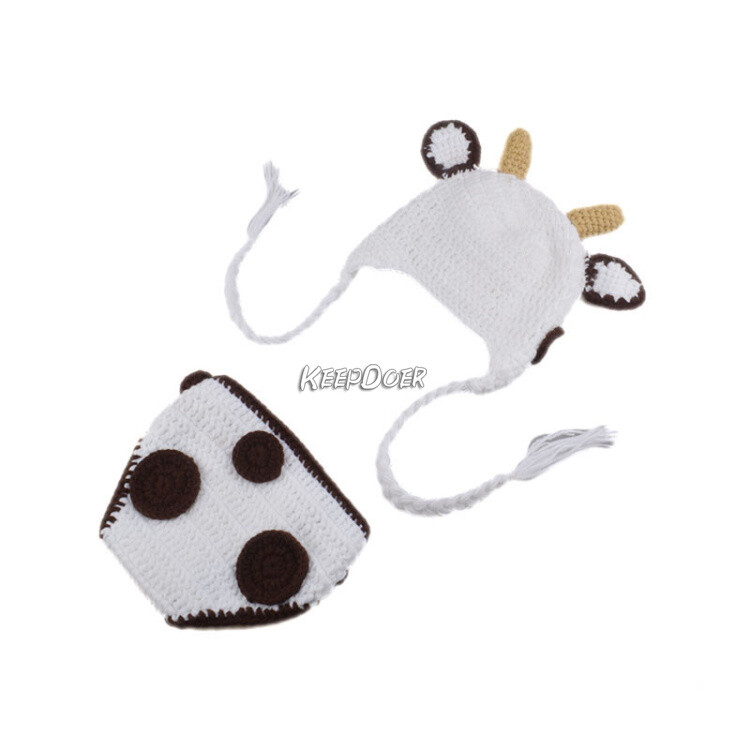Newborn Baby Kids Knit Clothing Cow Shorts Hat Crochet Photography Studio Props
