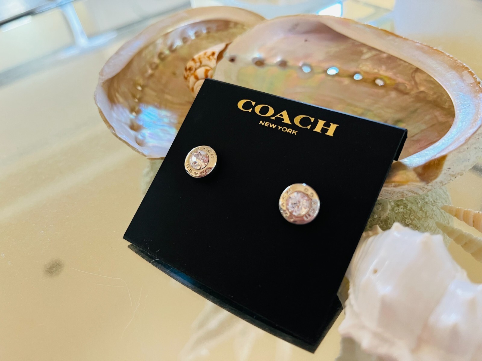 NWT Coach Open Circle Stone Pierced Earrings Silver Plated Stud