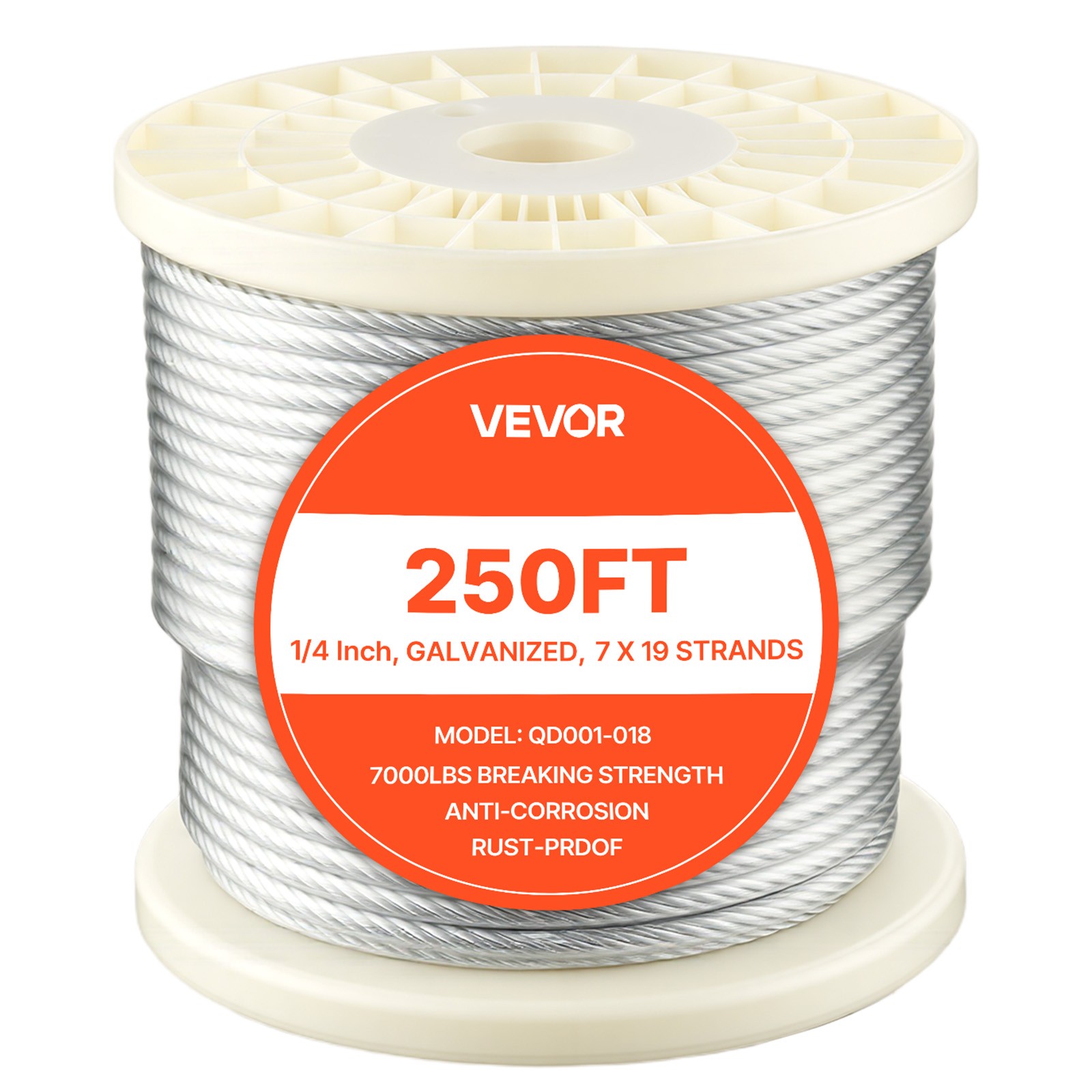VEVOR Galvanized Carbon Steel Cable 1/4 in 7 x 19 Wire Rope 250 ft Cable Railing