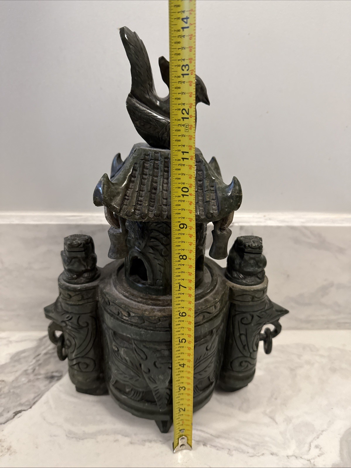 Large Vintage Chinese Deep Green Nephrite Jade Incense Burner 14”