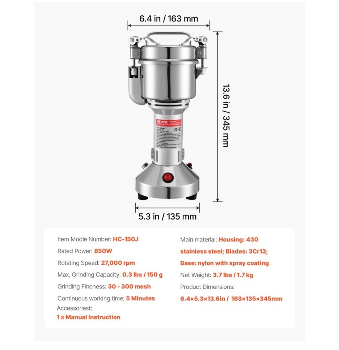 Electric Grain Mill Grinder, 0.3 lbs Commercial Spice Grinders, High Speed 850W