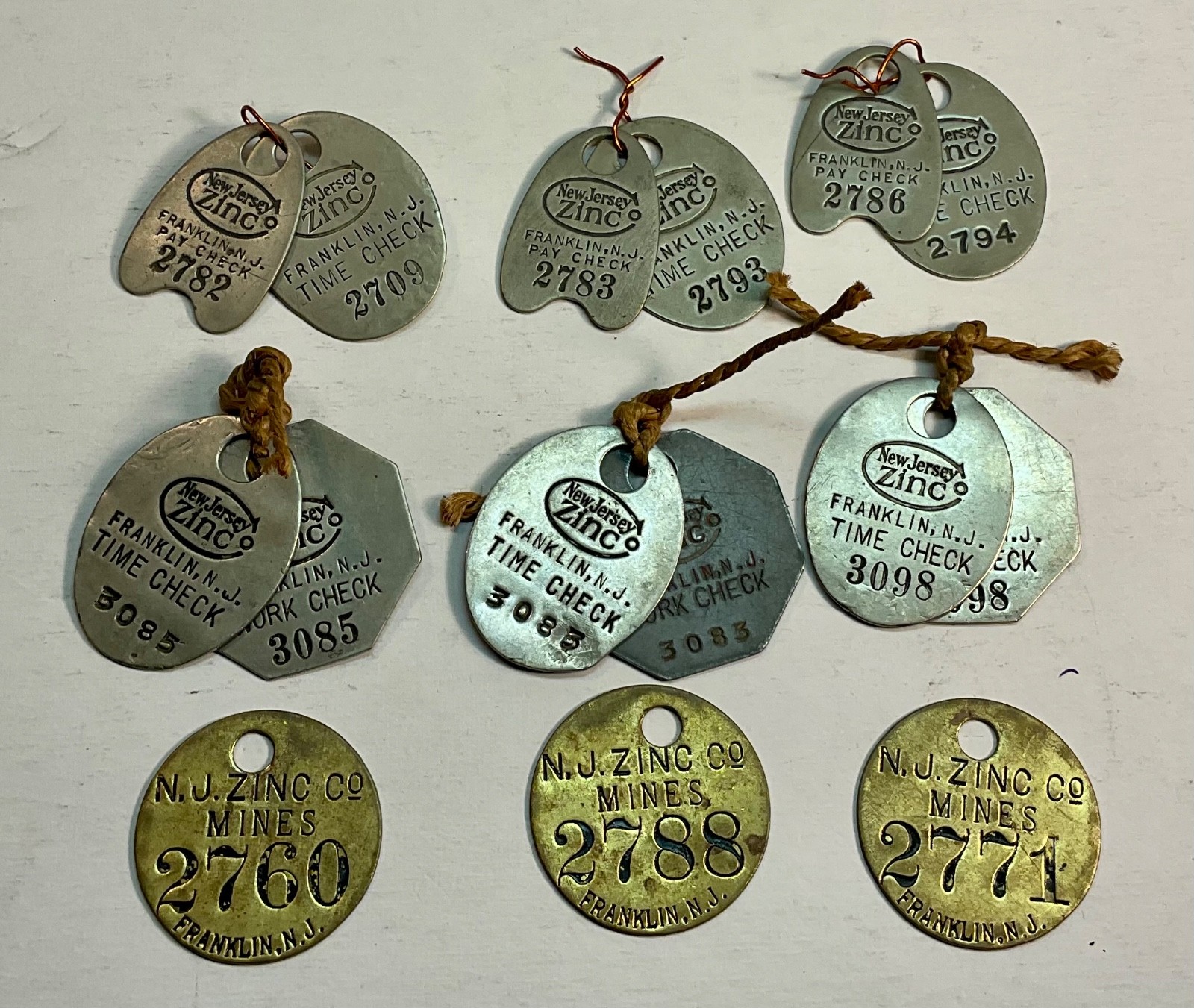 FIFTEEN (15) NEW JERSEY ZINC CO. NJZCO MINE TAGS - VARIOUS TYPES & NUMBERS