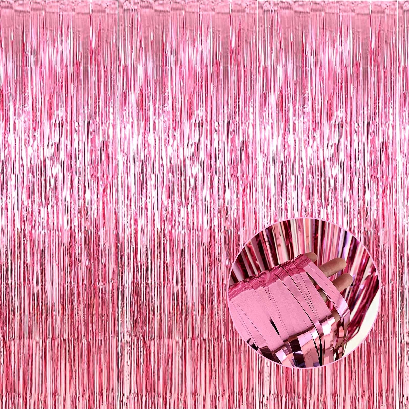 4 Pack Pink Foil Fringe Curtain Backdrop 3.28x8.2 Ft Metallic Tinsel Streamer