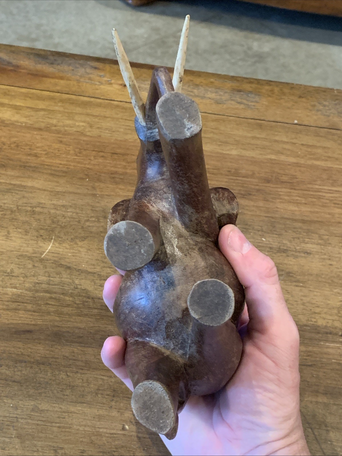 VINTAGE LARGE AFRICAN WOODEN ELEPHANT SCULPTURE Hand Carved ORIGINAL TUSKS