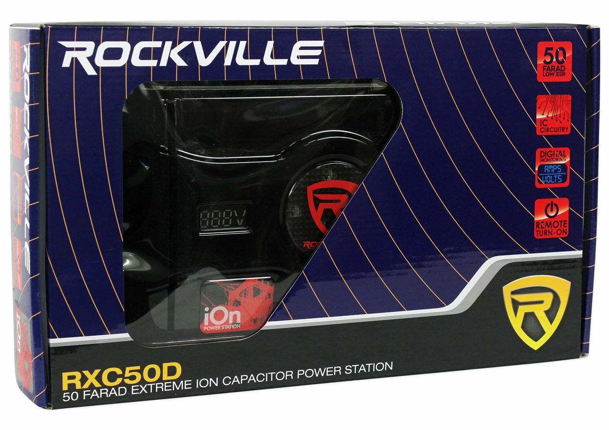 Rockville 50 Farad Hybrid LED Car Capacitor w/Dual Meters+0 Gauge Amp Wire Kit