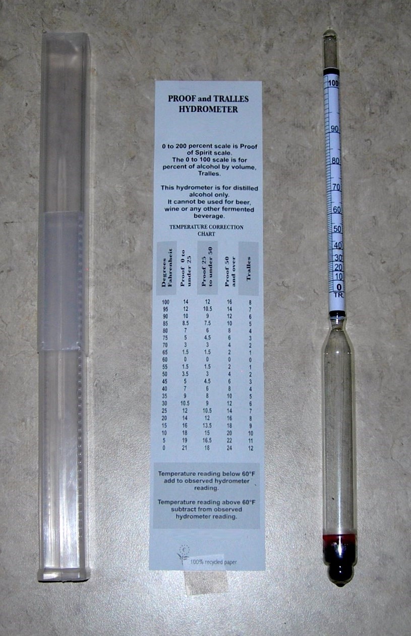PROOF & TRALLE % ALCOHOL HYDROMETER for MOONSHINE STILL and DISTILLED SPIRITS