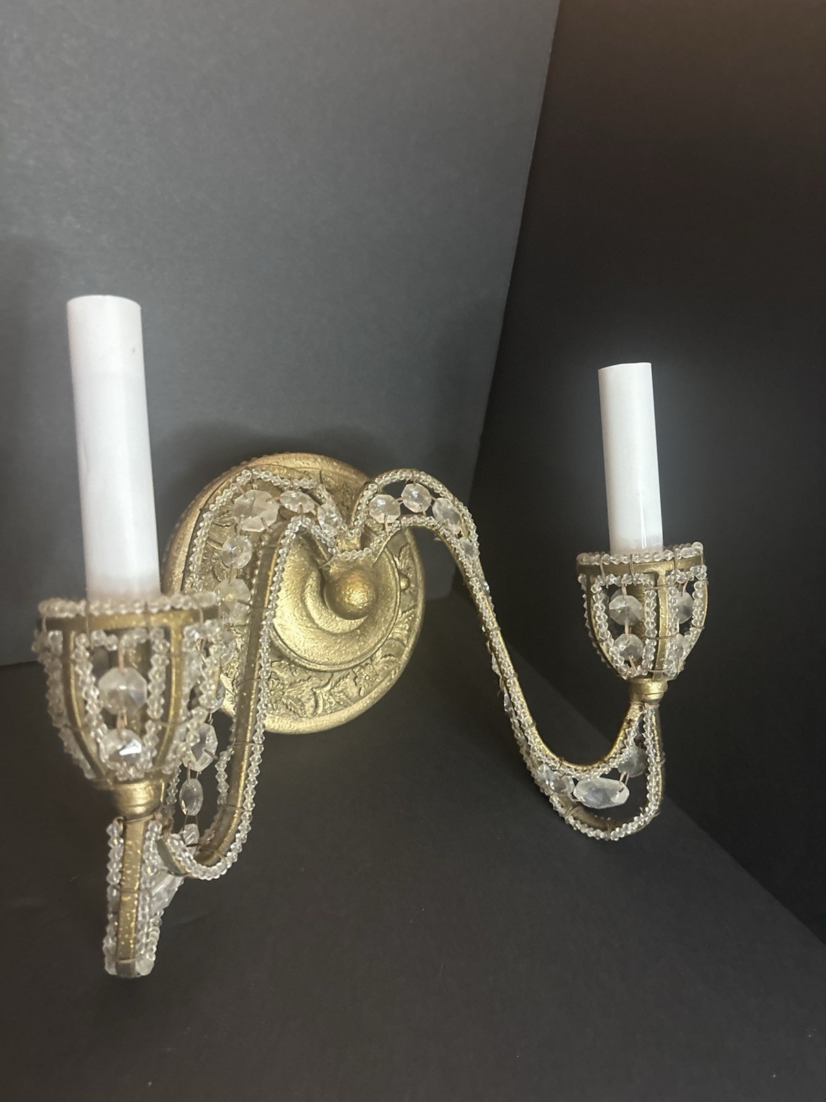 Pair Double Arm Wall Sconces Crystals Beaded Antique Style