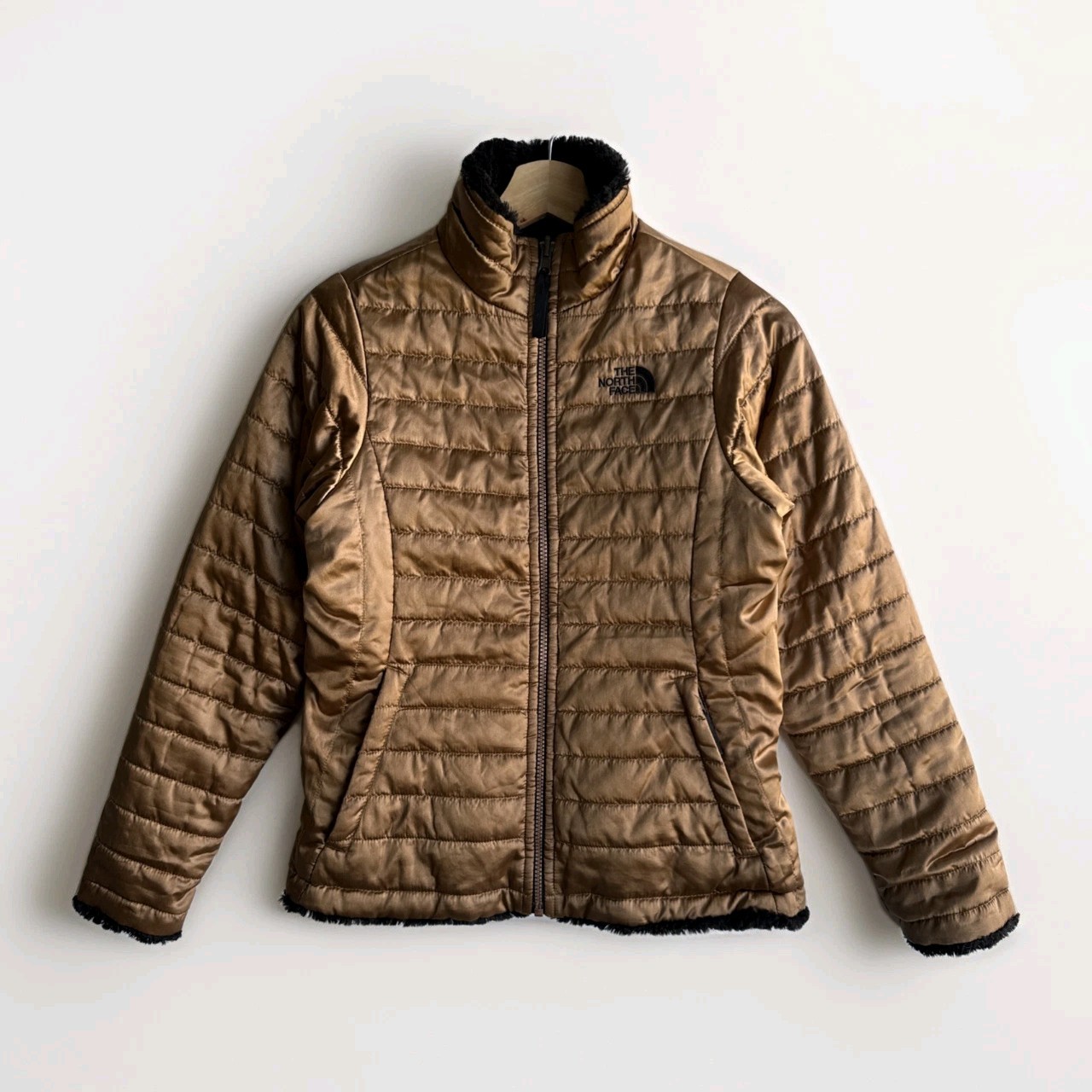 The North Face Girls Reversible Puffer Jacket Gold-Black Fleece Size Large 14/16