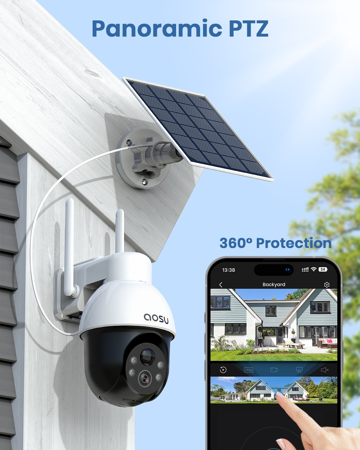 AOSU Solar Security Camera Wireless Outdoor 3KSurveillance work with Alexa,2pack