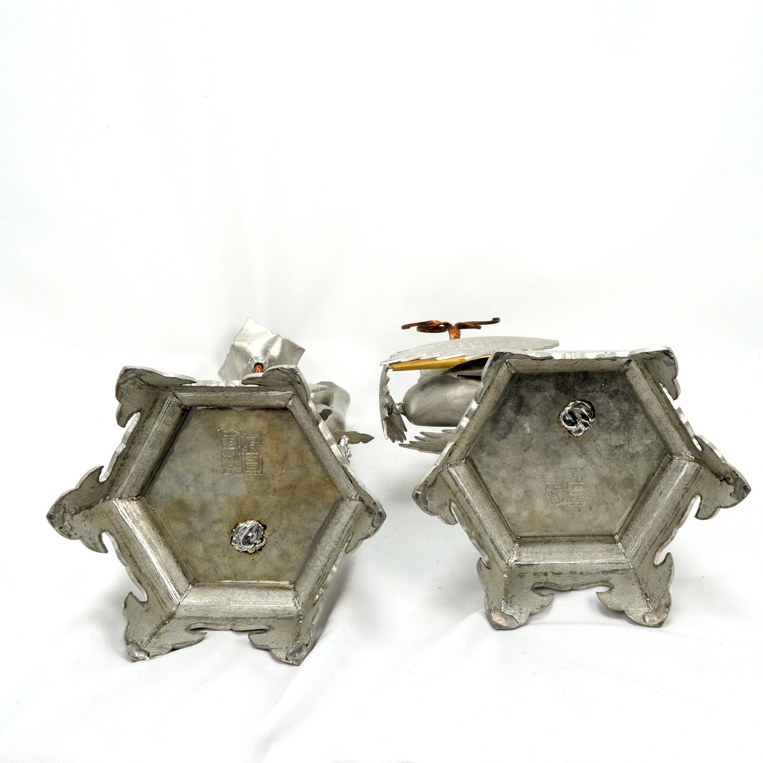 Pair Chinese Mixed-Metal Pewter Crane Sculptures Candlesticks