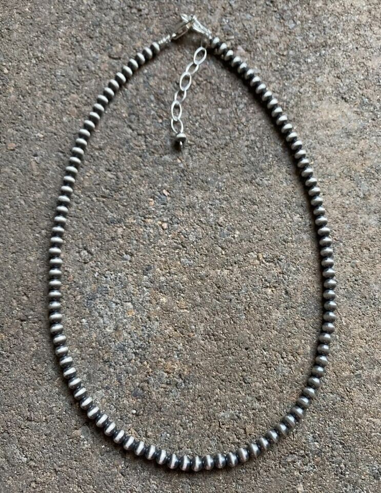4mm 16 Inch 925 Sterling Silver Oxidized Pearls Bead Necklace Southwestern