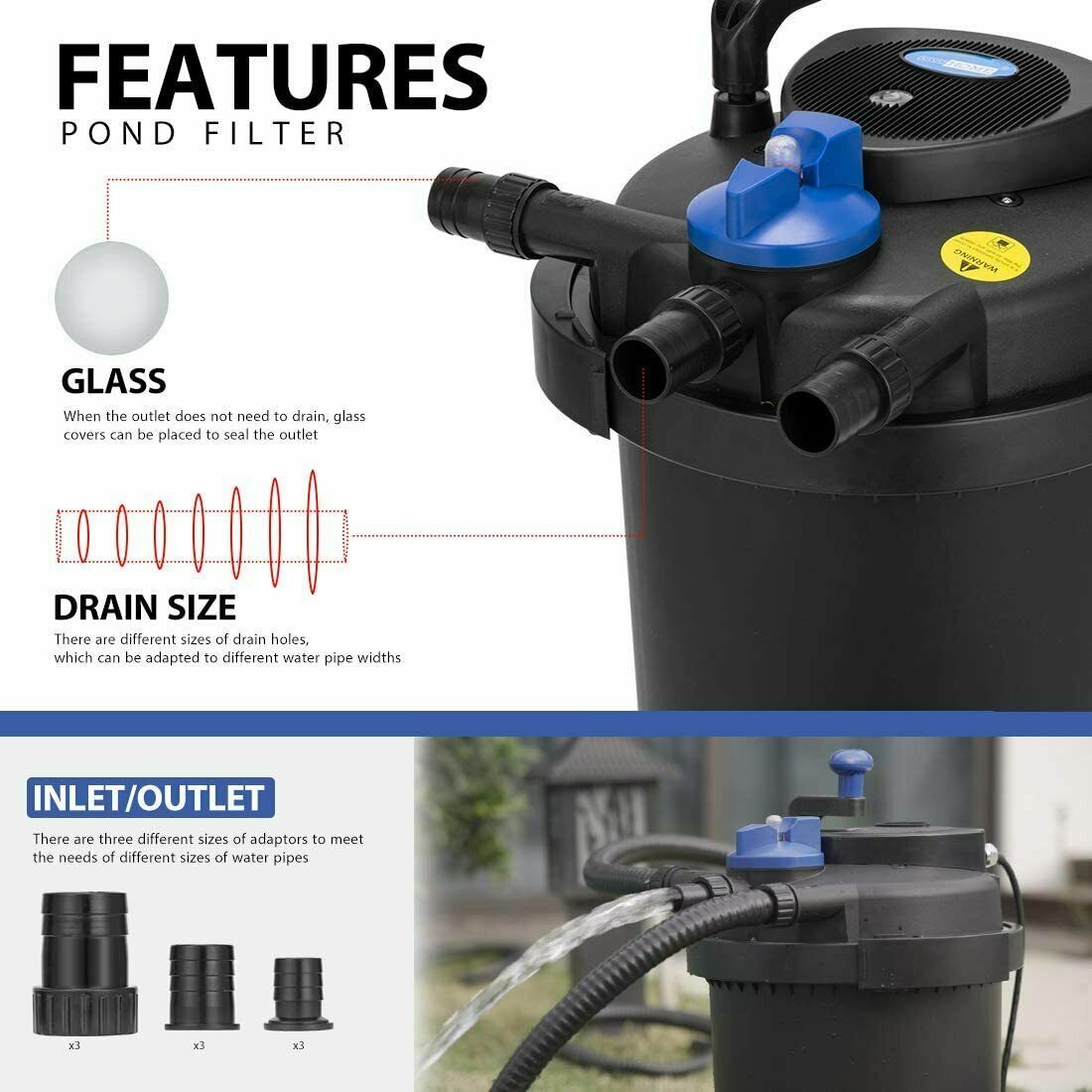 Pressurized Biological Pond Filter w/ 13-w UV Sterilizer Light 2100G ETL Listed