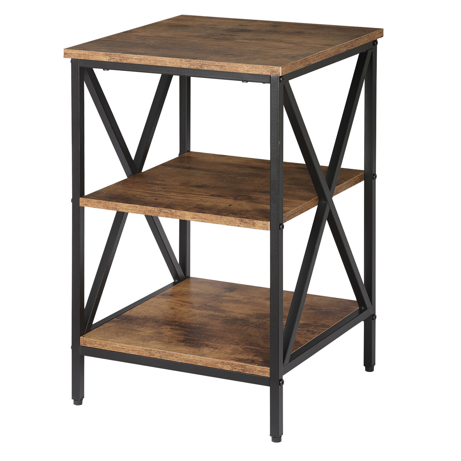 24.4" Side Table Industrial X Shape 3-Tier Small End Table Storage Sheves Brown