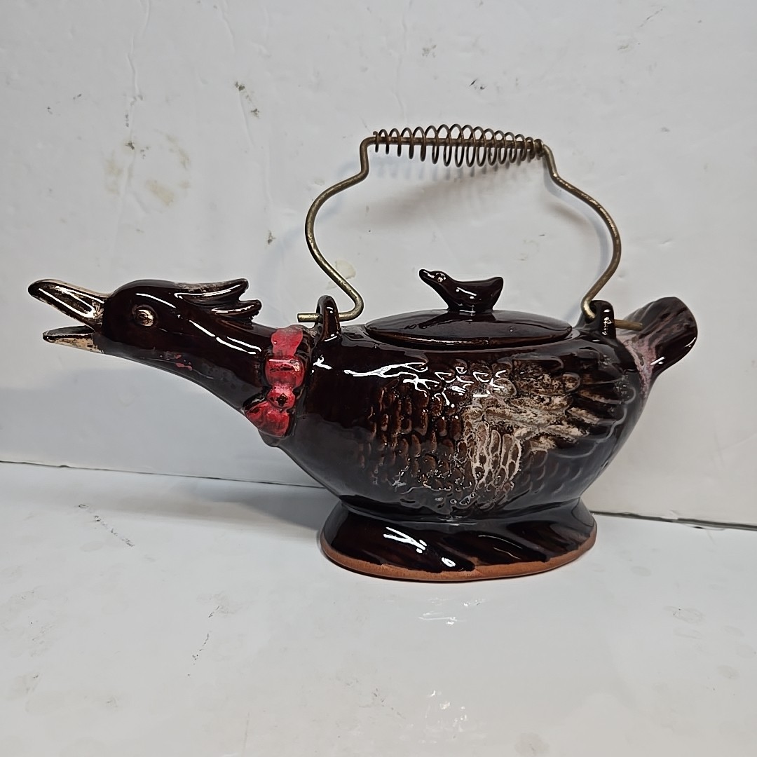 Vintage 1950's Redware Bird  Shaped Teapot with Metal Spirl Handle 10in Long