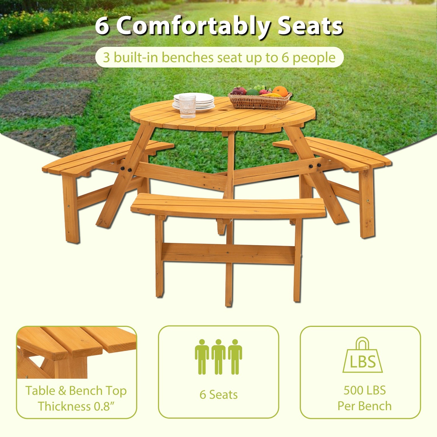 6-Person Circular Outdoor Wooden Picnic Table with 3 Built-in Benches for Patio
