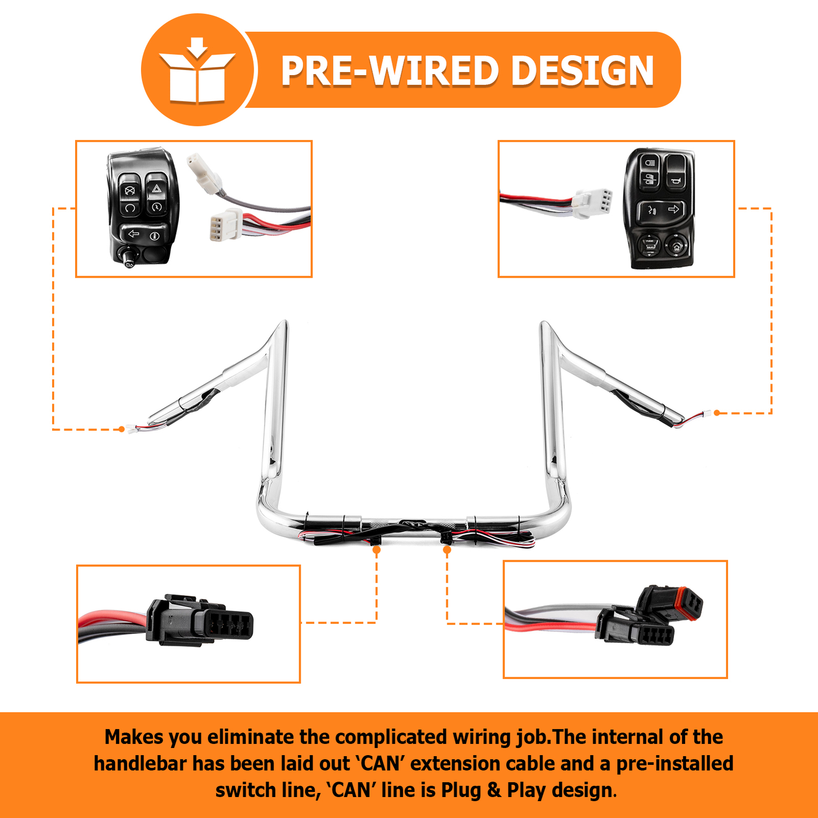 12" Rise PRE-WIRED Ape Hanger Handlebar For Harley Electra Glide Ultra Classic