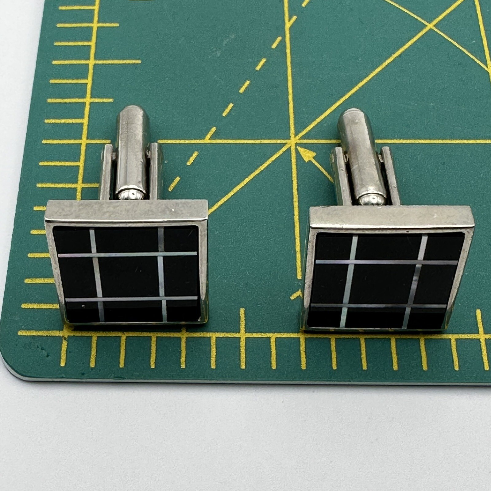 Modernist Black White Cufflinks Onyx Mother Of Pearl Square Geometric Pair