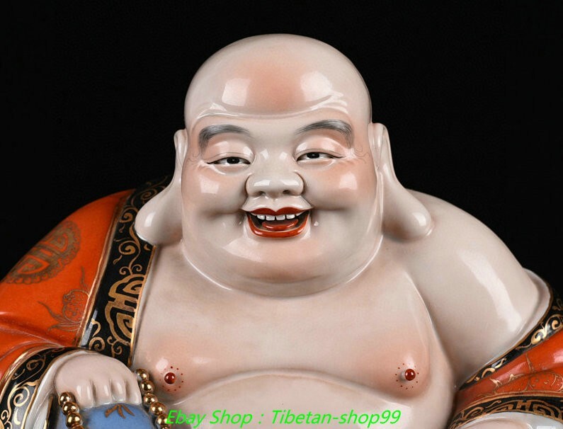 10.6''Old Dynasty Famille Rose Porcelain Gilt Happy Laugh Maitreya Buddha Statue