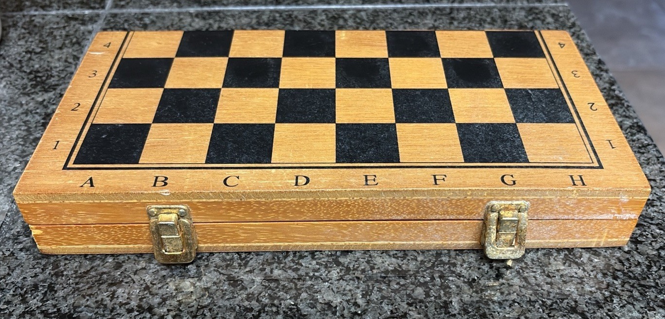 Chess Travel Hinged Wood Board Metal Bronze Silver Pieces Set Small Mini