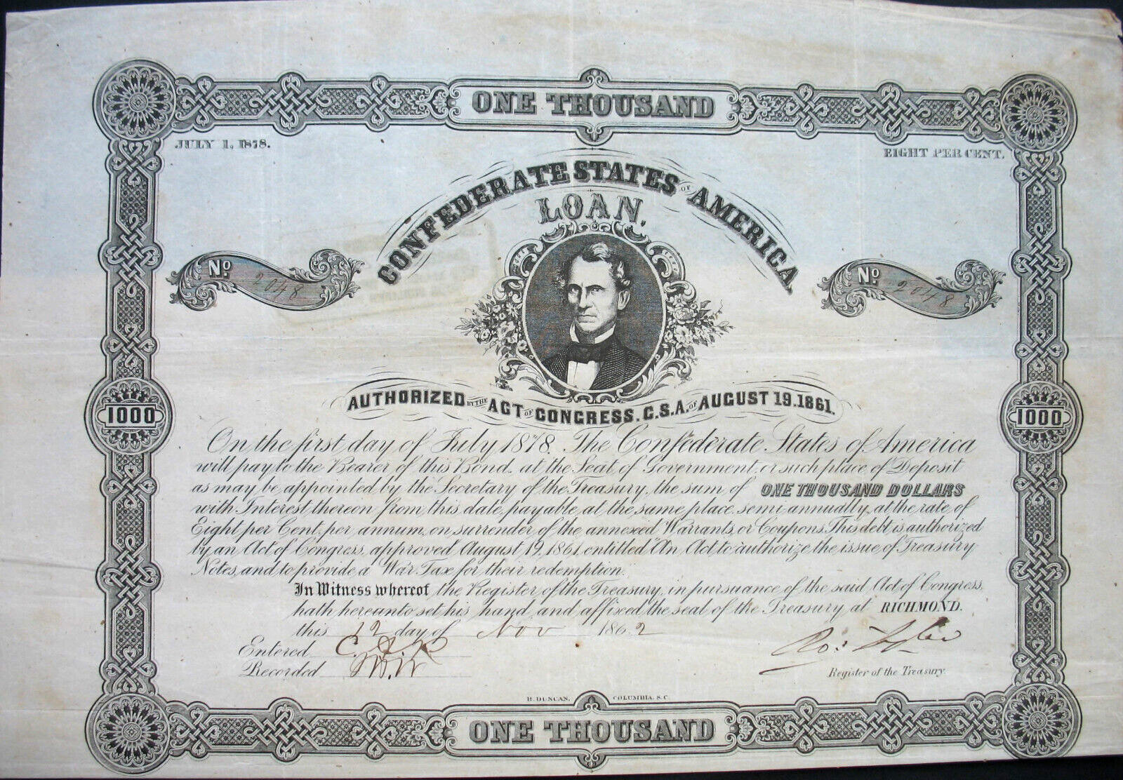 Confederate States of America $ 1000 loan + Cp Richmond 1862 USA Memminger CSA