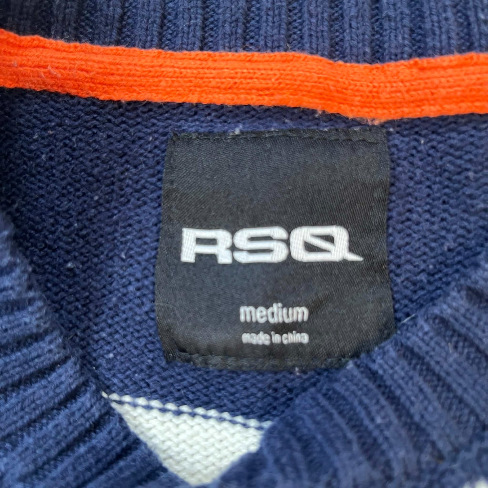 RSQ Sweater Men Medium Striped Crewneck Navy White Orange Knit Pullover