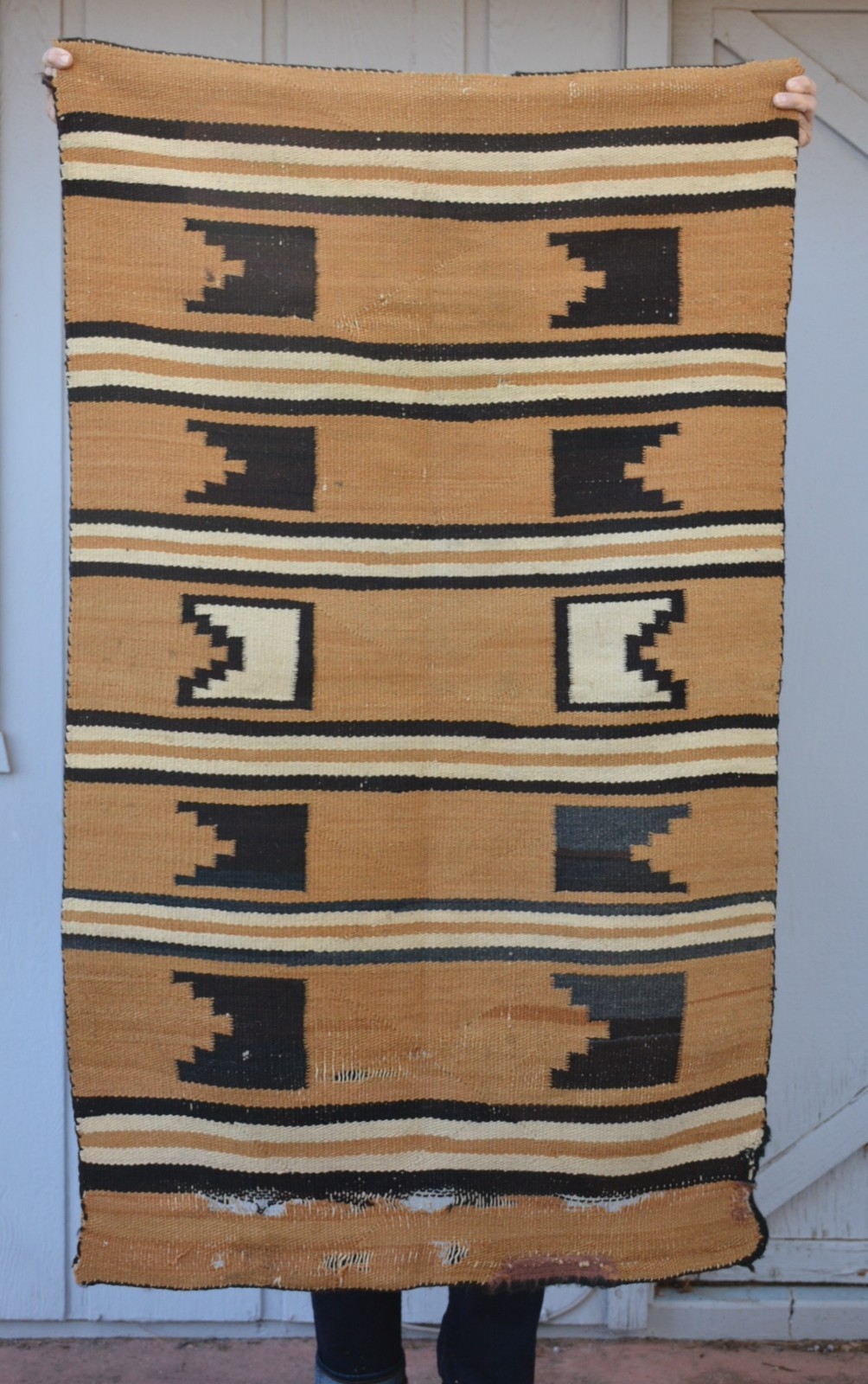 Old Navajo Rug - Striped Banded Pattern with Kiva Step Geometric - 53" x 32"
