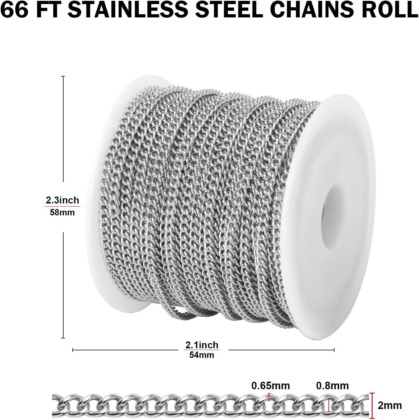 [66 FT] Stainless Steel Curb Chains Bulk for Jewelry Making, 2Mm 304 Stainless S