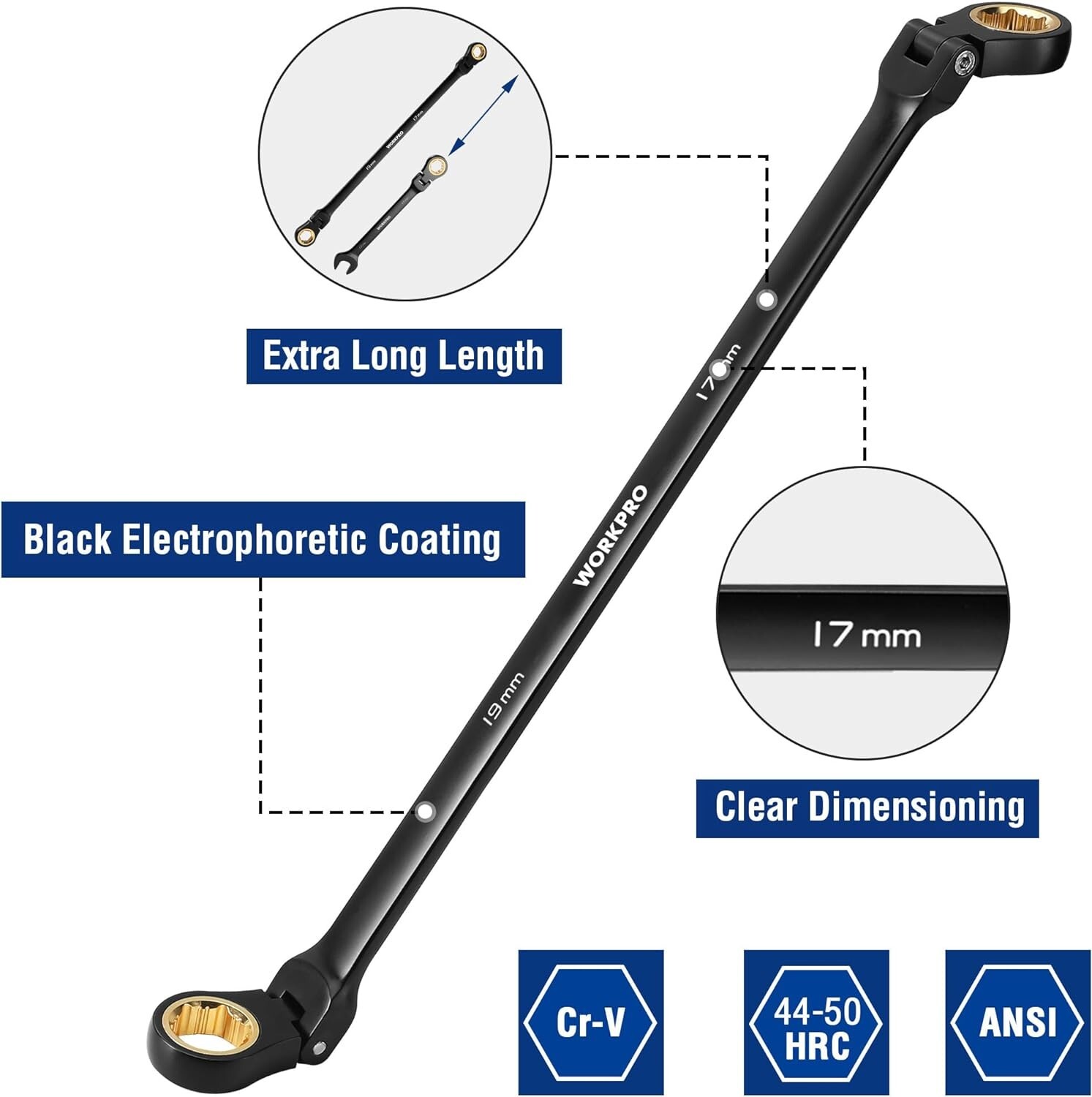 WORKPRO 5-piece Extra Long Flex-Head Ratcheting Wrench Set Anti-Slip w/Pouch NEW