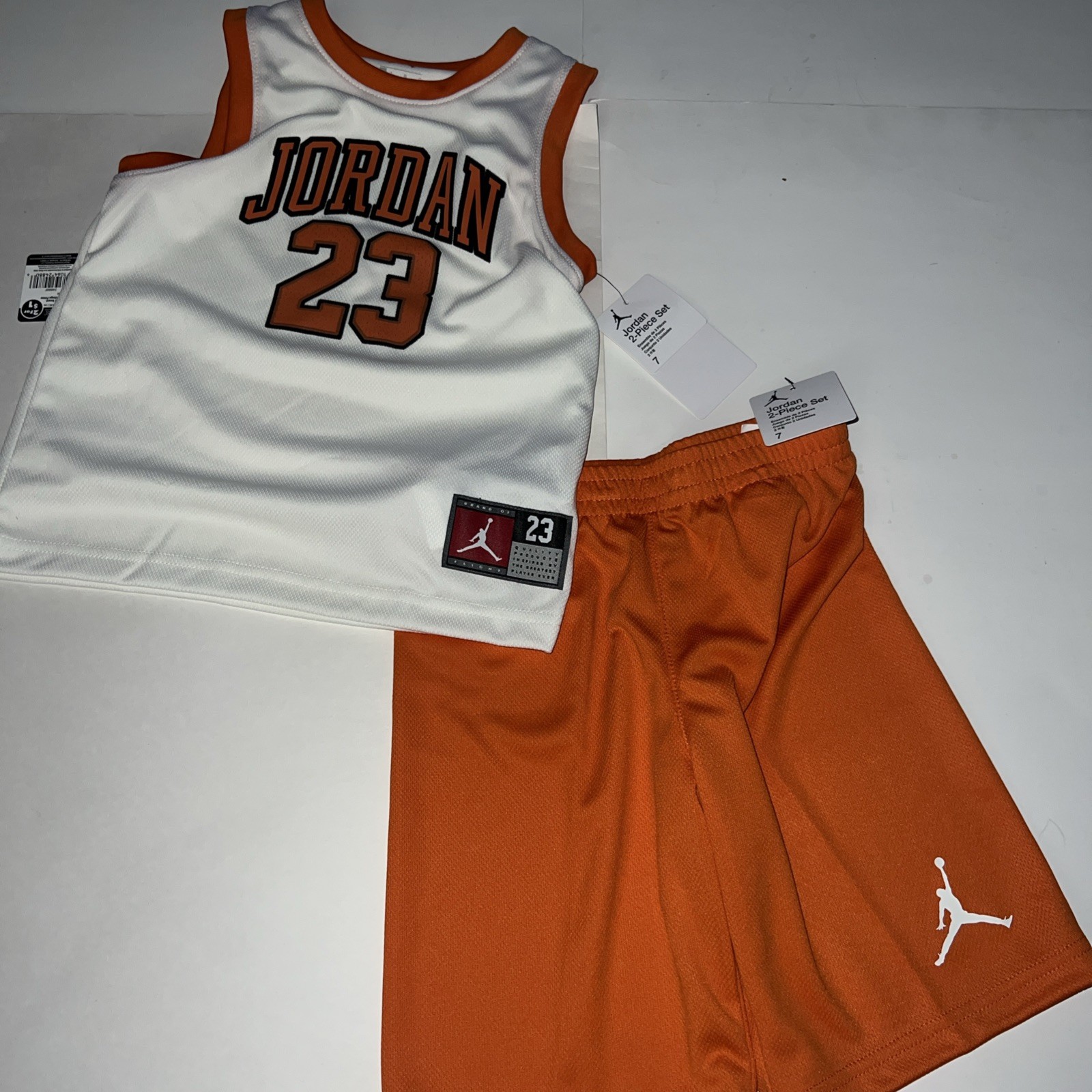 Jordan 23 Little Kids' Preschool Jersey 2 Piece Set White Orange Sz 7 $44 NEW