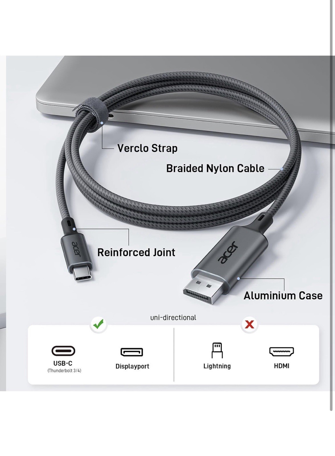 Acer USB C to Displayport Cable 6.6 FT (4K@60HZ 2K@165Hz), Type-C to Displayport