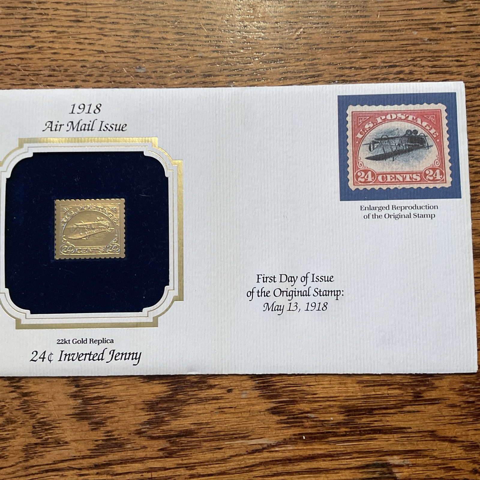 1918 Air Mail Issue 24c Inverted Jenny First Day Of Issue 22k Gold Stamp Replica